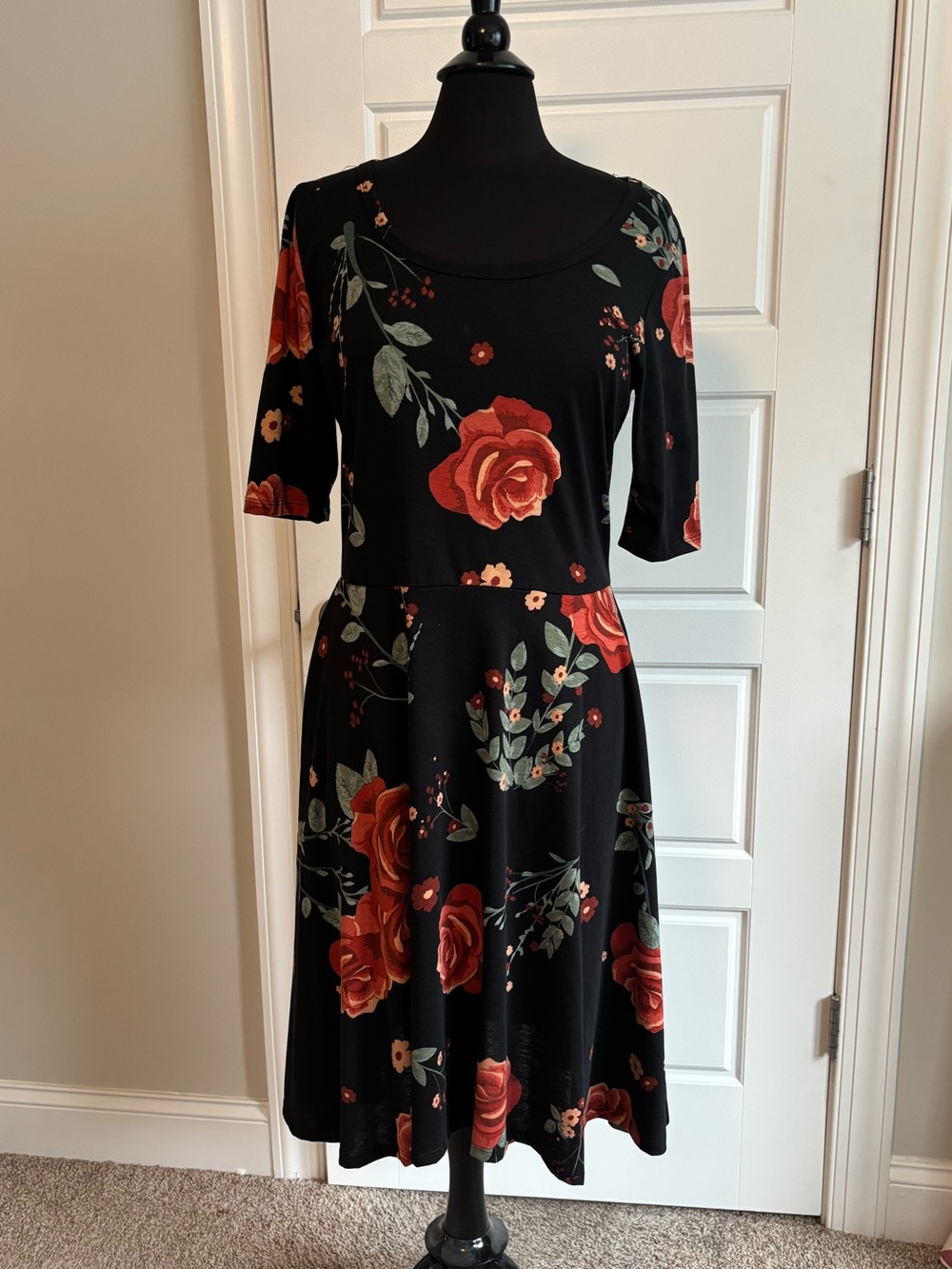 LuLaRoe Black Midi Dress with Red Rose Print